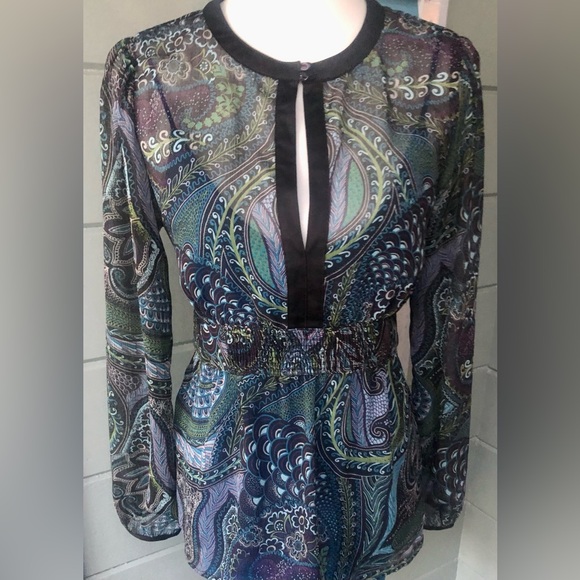 Colorful sheer long sleeve blouse plunging keyhole detail & smock waist w/ tie. - Picture 12 of 12